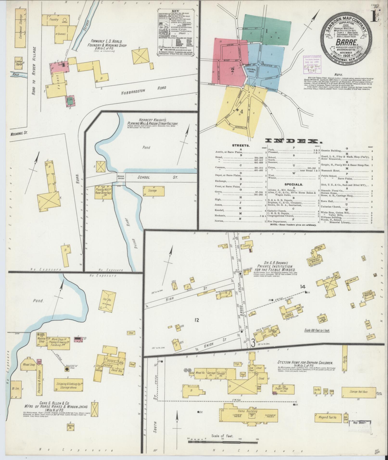 Sanborn Fire Insurance Map from Barre, Worcester County, Massachusetts (1905), Sheet #0001 - Historic Sanborn Fire Insurance Map Print, vintage old map wall art, antique decor, genealogy gift, Massachusetts Massachusetts map