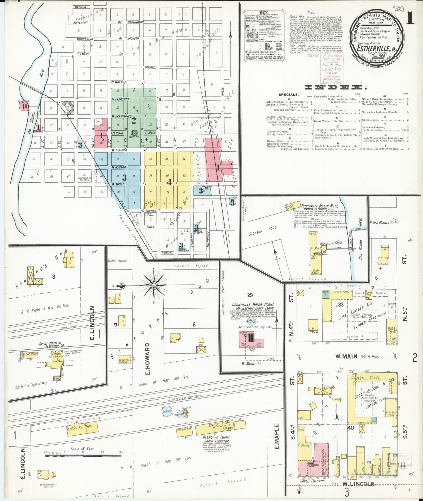 Sanborn Fire Insurance Map from Estherville, Emmet County, Iowa (1900), Sheet #0001 - Historic Sanborn Fire Insurance Map Print, vintage old map wall art
