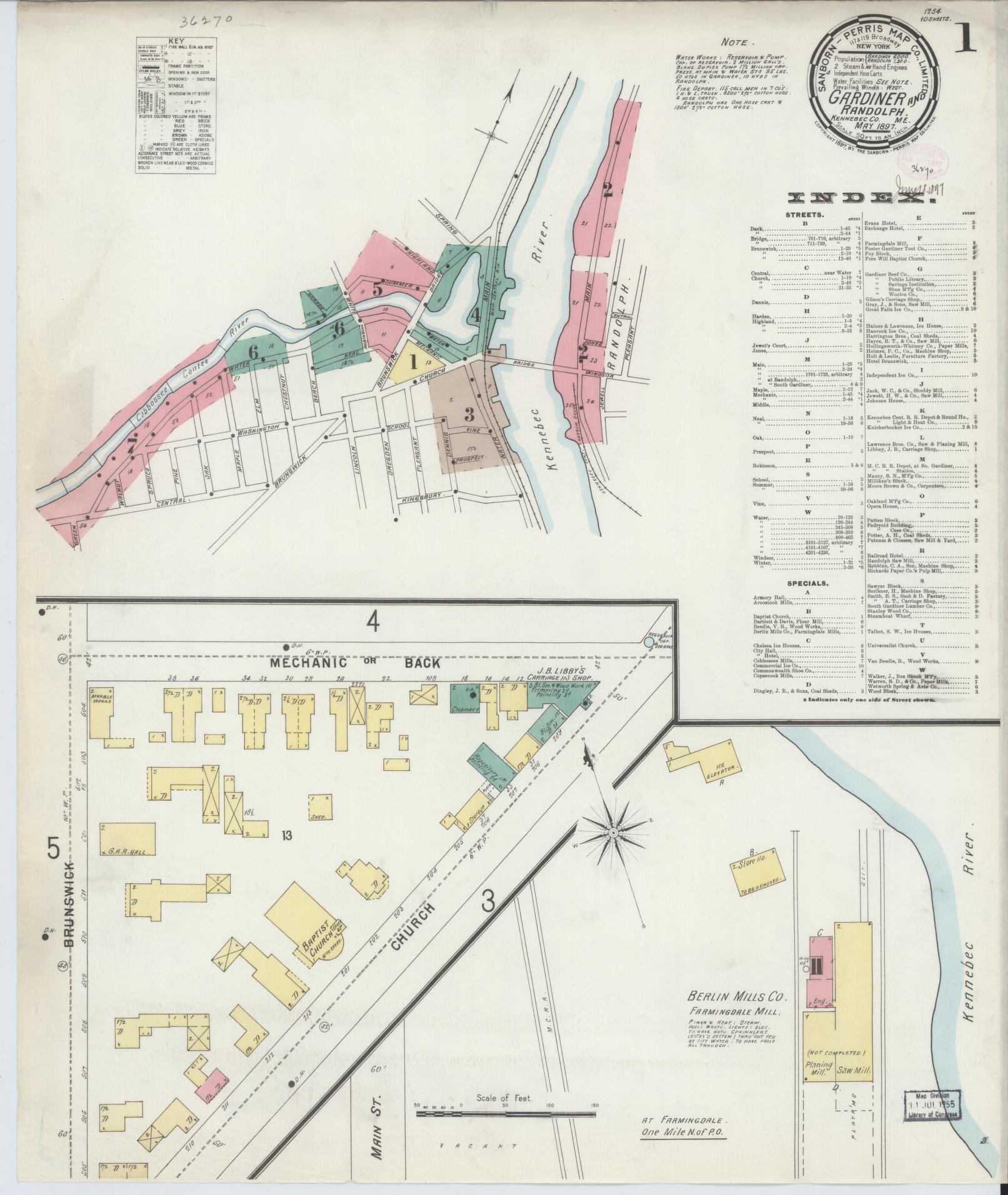 Sanborn Fire Insurance Map from Gardiner, Kennebec County, Maine (1897), Sheet #0001 - Complete Map Set gallery image, historic Sanborn map, vintage wall art, Maine Maine