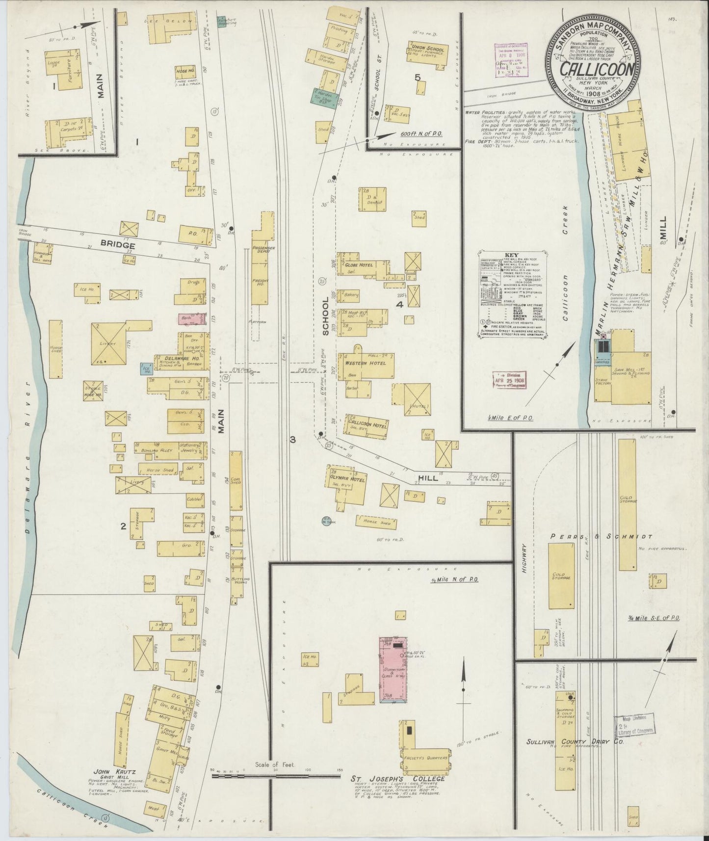 Sanborn Fire Insurance Map from Callicoon, Sullivan County, New York (1908), Sheet #0001 - Historic Sanborn Fire Insurance Map Print, vintage old map wall art, antique decor, genealogy gift, New York New York map