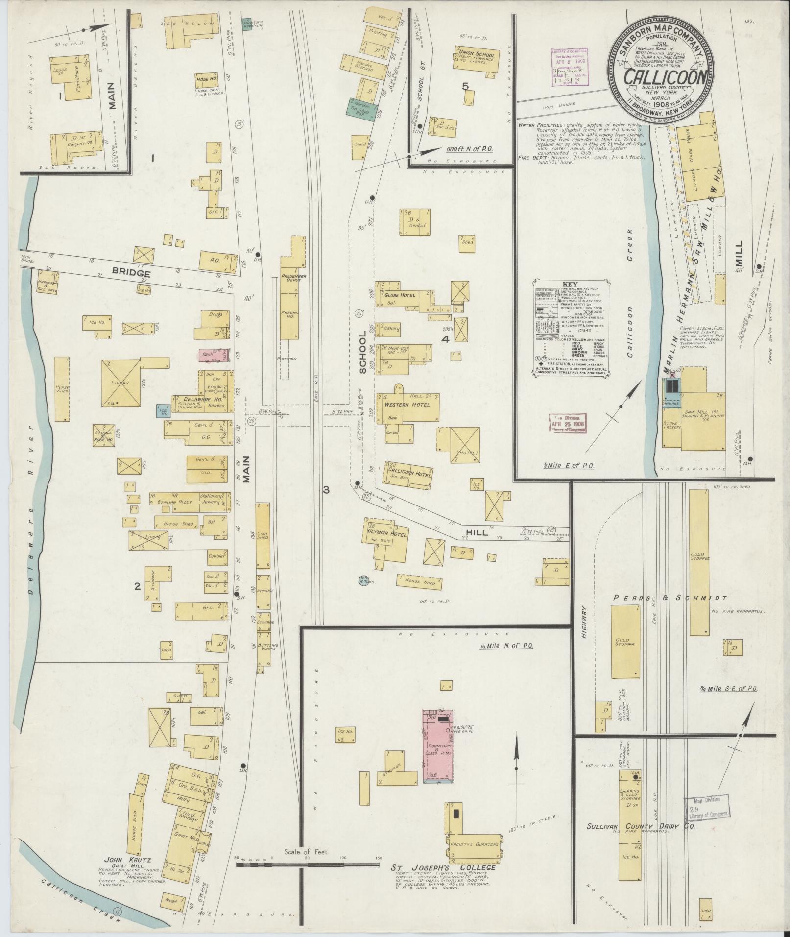 Sanborn Fire Insurance Map from Callicoon, Sullivan County, New York (1908), Sheet #0001 - Historic Sanborn Fire Insurance Map Print, vintage old map wall art, antique decor, genealogy gift, New York New York map