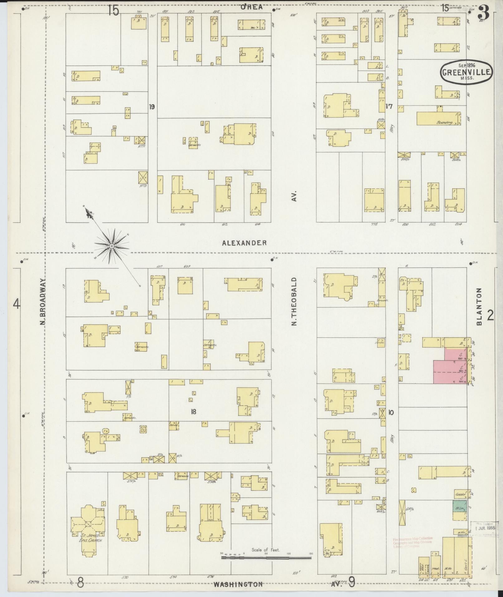 Sanborn Fire Insurance Map from Greenville, Washington County, Mississippi (1896), Sheet #0003 - Historic Sanborn Fire Insurance Map Print, vintage old map wall art, antique decor, genealogy gift, Mississippi Mississippi map