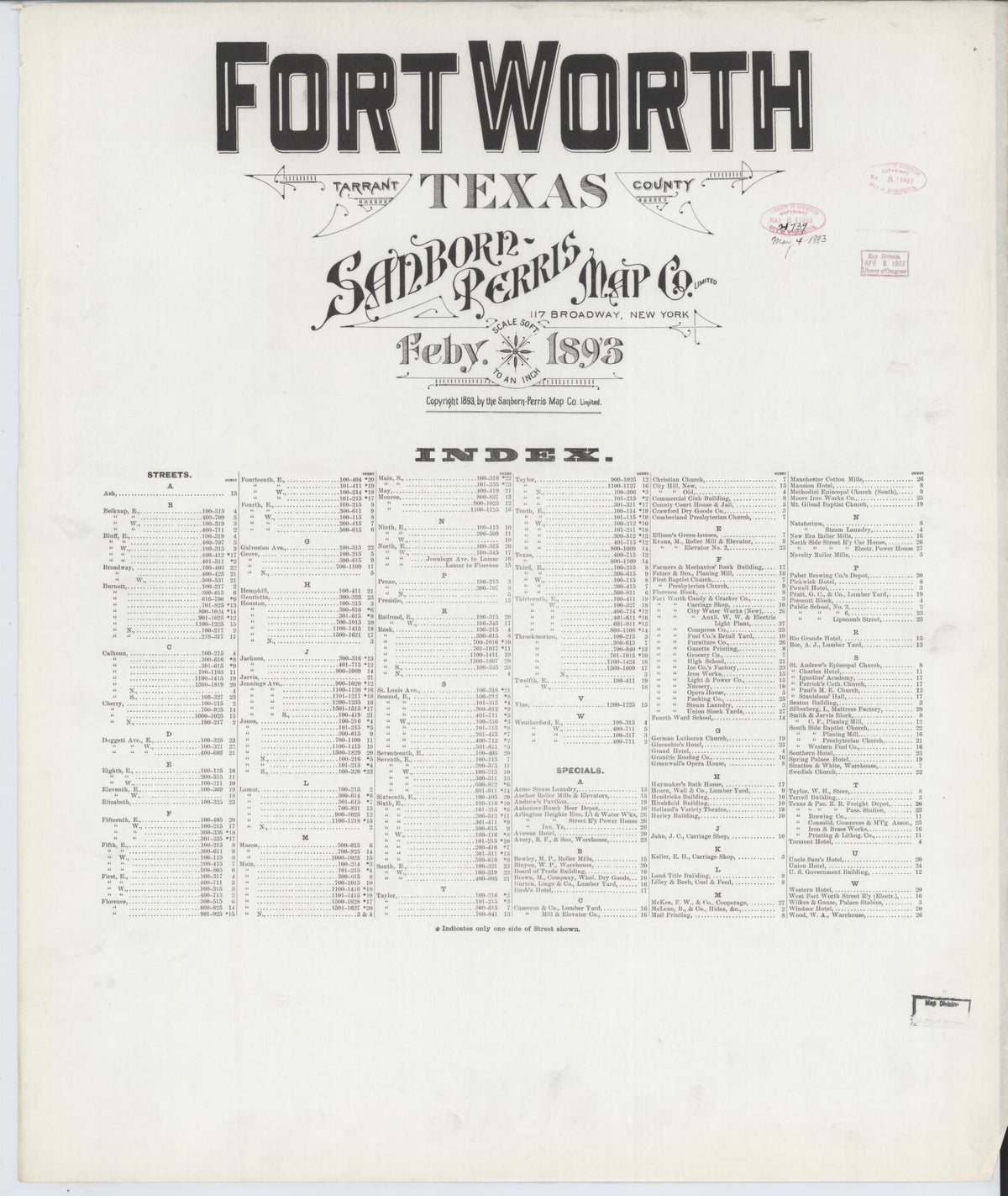 Sanborn Fire Insurance Map from Fort Worth, Tarrant County, Texas (1893), Sheet #0001 - Historic Sanborn Fire Insurance Map Print, vintage old map wall art, antique decor, genealogy gift, Texas Texas map