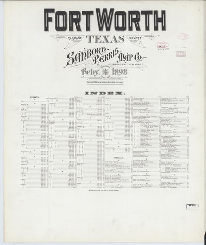 Sanborn Fire Insurance Map from Fort Worth, Tarrant County, Texas (1893), Sheet #0001 - Historic Sanborn Fire Insurance Map Print, vintage old map wall art, antique decor, genealogy gift, Texas Texas map