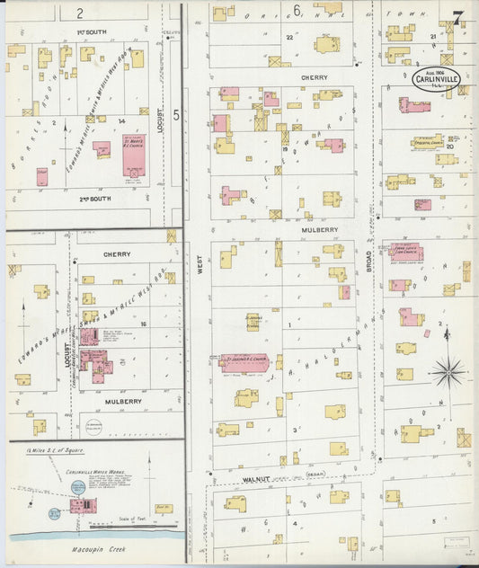 Sanborn Fire Insurance Map from Carlinville, Macoupin County, Illinois (1906), Sheet #0007 - Historic Sanborn Fire Insurance Map Print, vintage old map wall art, antique decor, genealogy gift, Illinois Illinois map