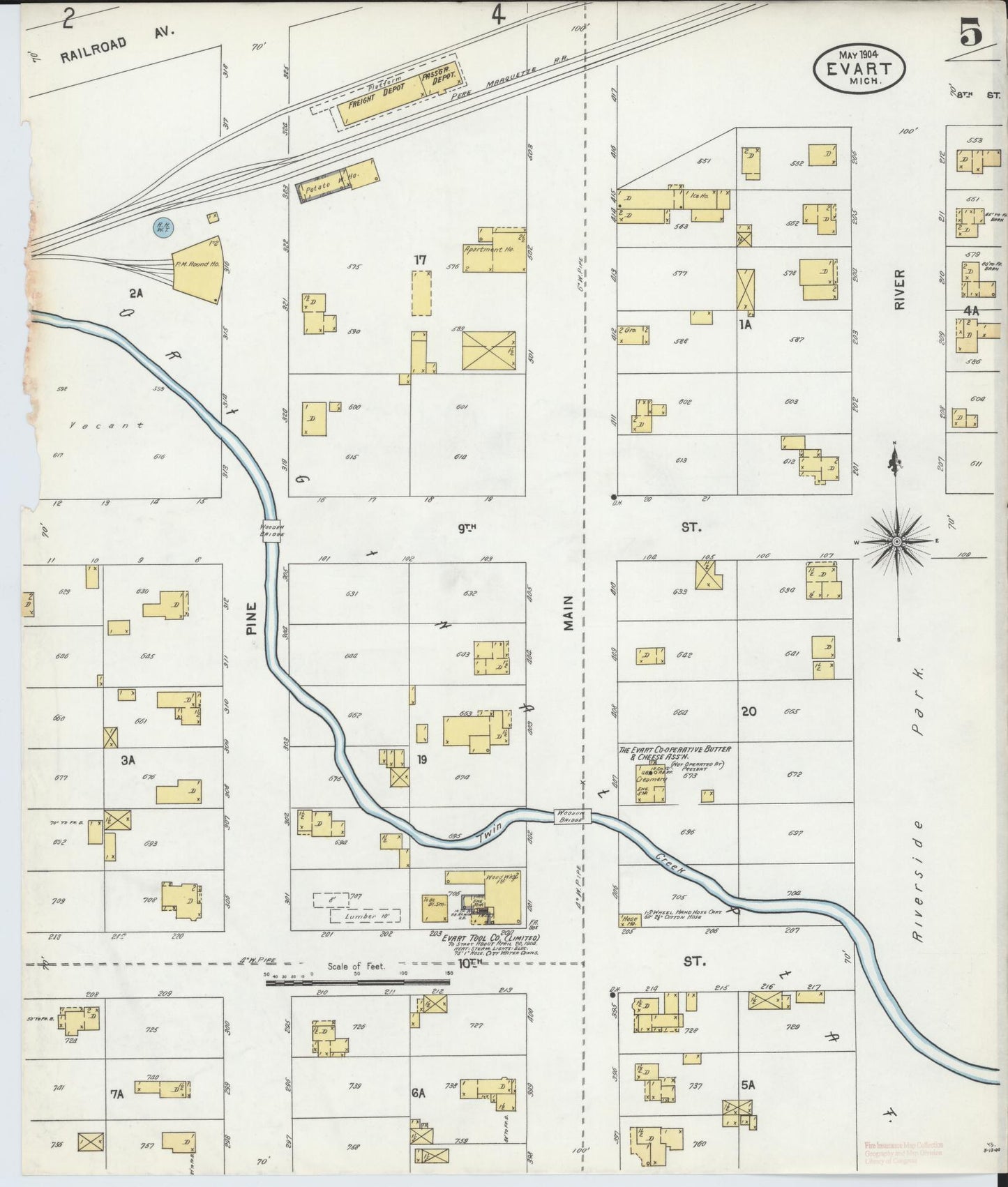 Sanborn Fire Insurance Map from Evart, Osceola County, Michigan (1904), Sheet #0005 - Complete Map Set gallery image, historic Sanborn map, vintage wall art, Michigan Michigan
