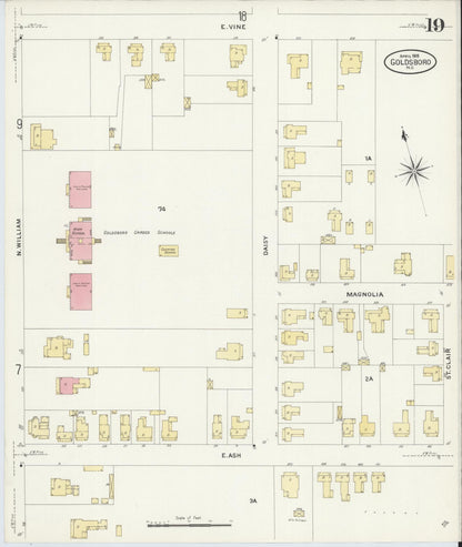 Sanborn Fire Insurance Map from Goldsboro, Wayne County, North Carolina (1908), Sheet #0019 - Complete Map Set gallery image, historic Sanborn map, vintage wall art, North Carolina North Carolina