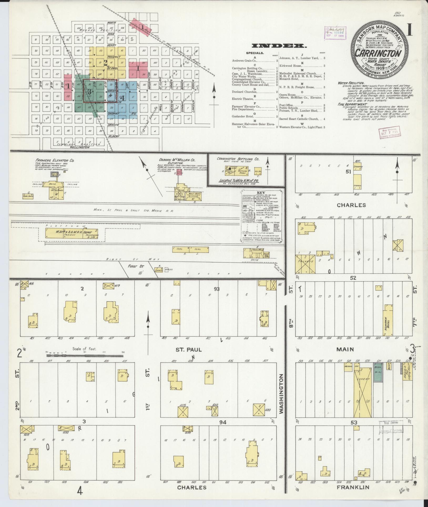Sanborn Fire Insurance Map from Carrington, Foster County, North Dakota. (1909) – Historic Sanborn Fire Insurance Map Print
