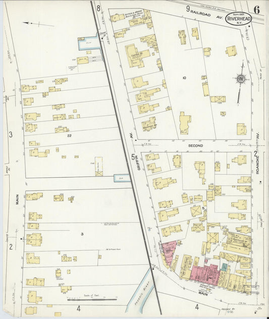 Sanborn Fire Insurance Map from Riverhead, Suffolk County, New York (1909), Sheet #0006 - Historic Sanborn Fire Insurance Map Print, vintage old map wall art, antique decor, genealogy gift, New York New York map