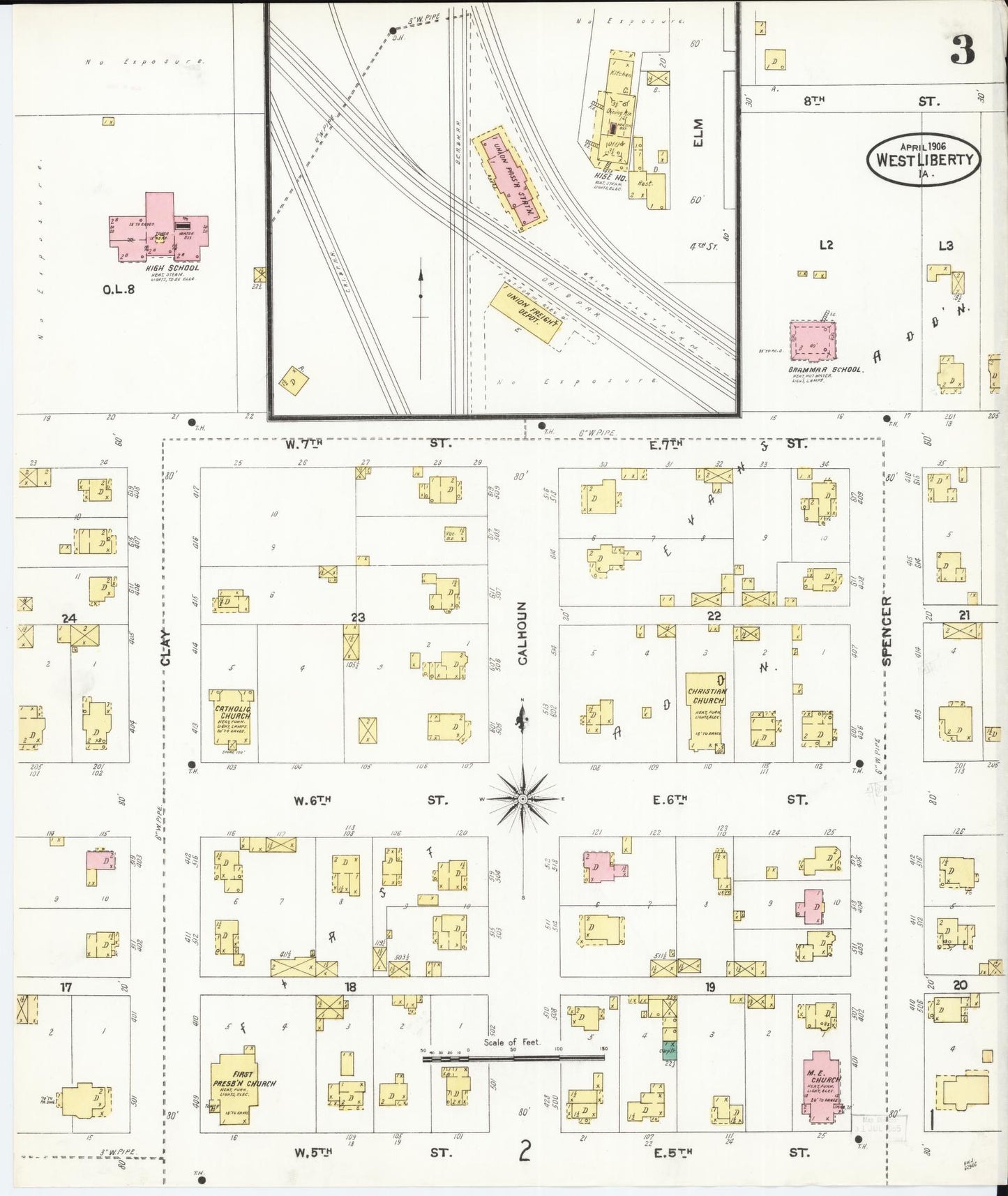 Sanborn Fire Insurance Map from West Liberty, Muscatine County, Iowa (1906), Sheet #0003 - Historic Sanborn Fire Insurance Map Print, vintage old map wall art
