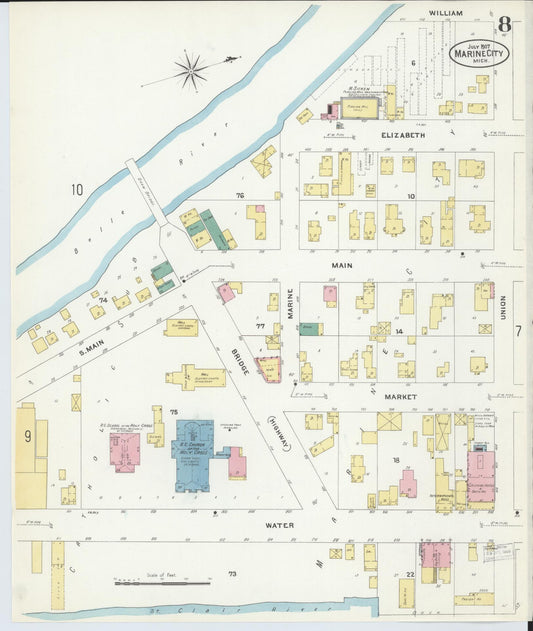 Sanborn Fire Insurance Map from Marine City, Saint Clair County, Michigan (1907), Sheet #0008 - Historic Sanborn Fire Insurance Map Print, vintage old map wall art, antique decor, genealogy gift, Michigan Michigan map