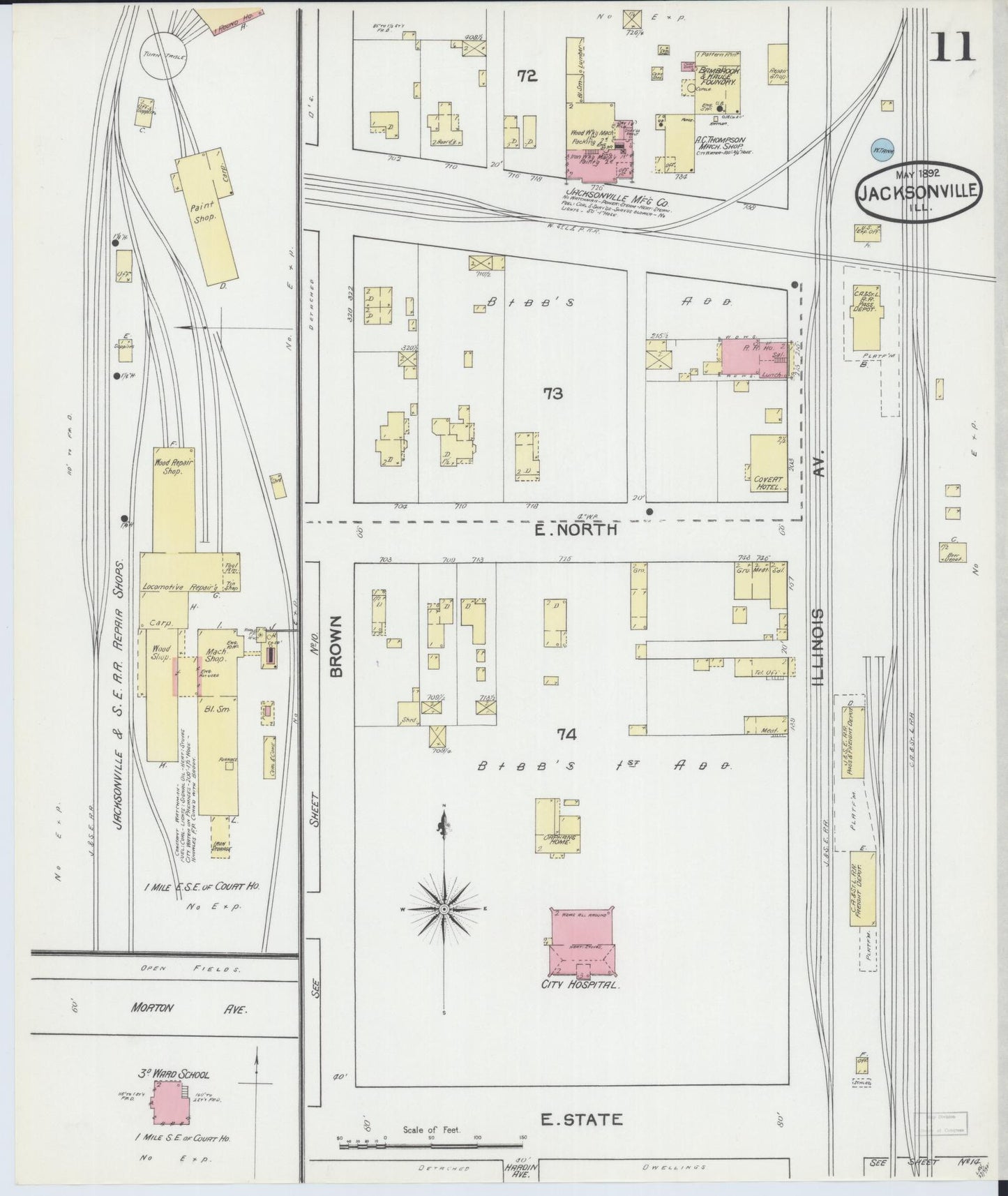 Sanborn Fire Insurance Map from Jacksonville, Morgan County, Illinois (1892), Sheet #0011 - Complete Map Set gallery image, historic Sanborn map, vintage wall art, Illinois Illinois