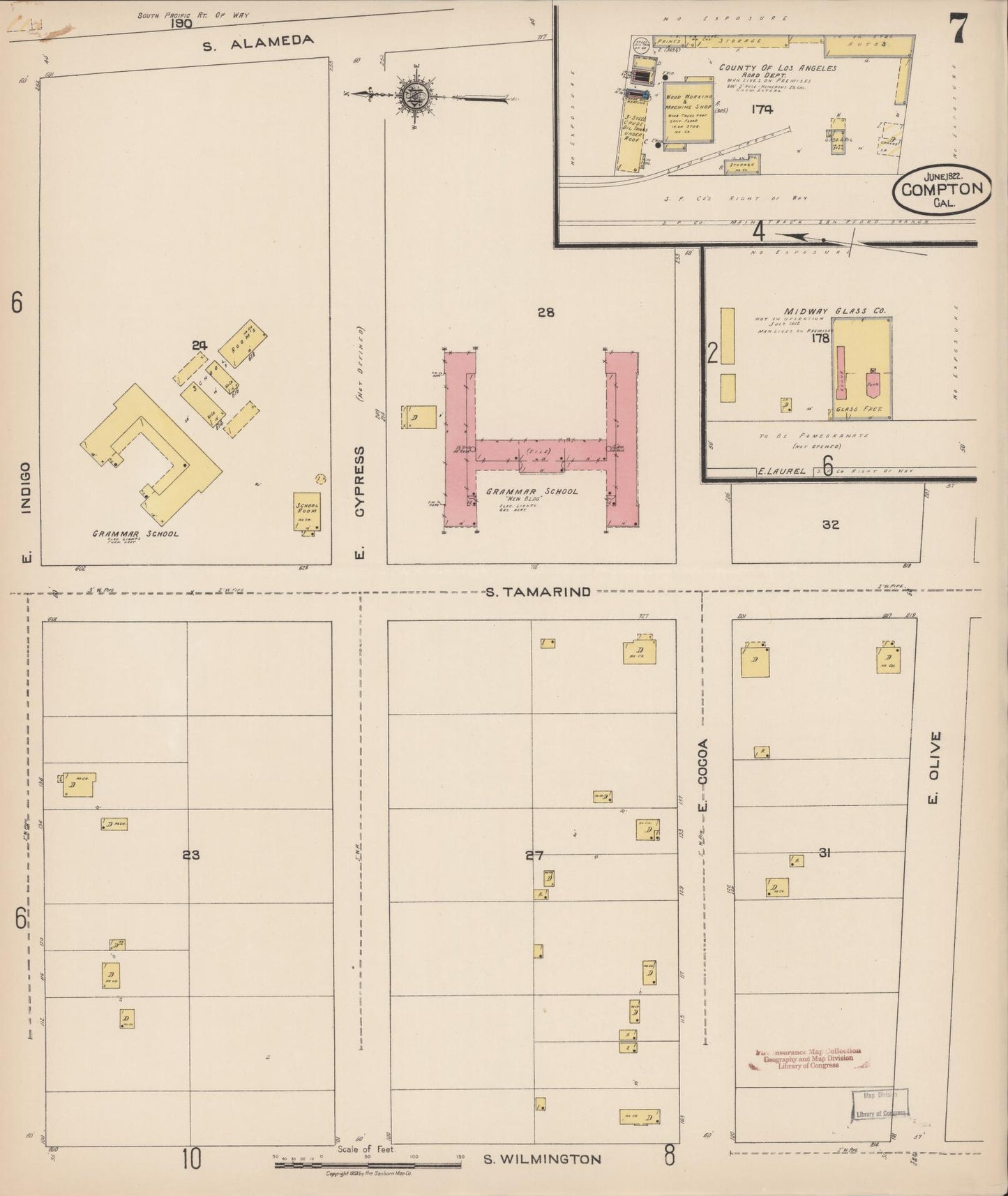 Sanborn Fire Insurance Map from Compton, Los Angeles County, California (1922), Sheet #0007 - Complete Map Set gallery image, historic Sanborn map, vintage wall art, California California