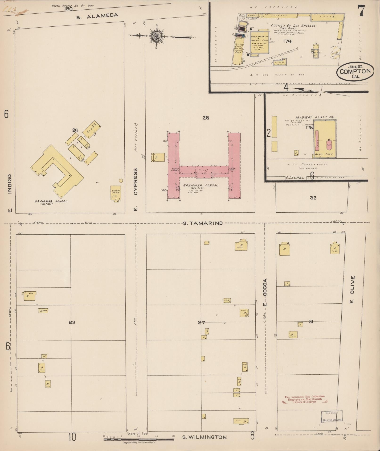 Sanborn Fire Insurance Map from Compton, Los Angeles County, California (1922), Sheet #0007 - Complete Map Set gallery image, historic Sanborn map, vintage wall art, California California