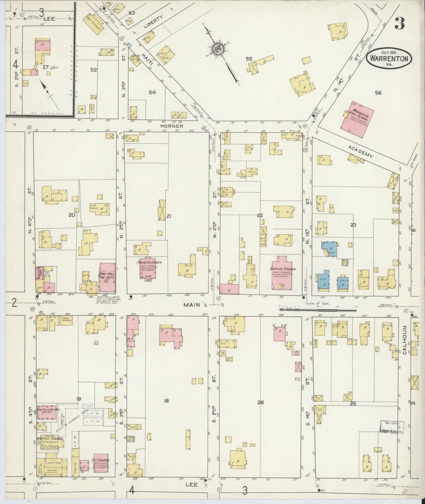 Sanborn Fire Insurance Map from Warrenton, Fauquier County, Virginia (1915), Sheet #0003 - Historic Sanborn Fire Insurance Map Print, vintage old map wall art, antique decor, genealogy gift, Virginia Virginia map