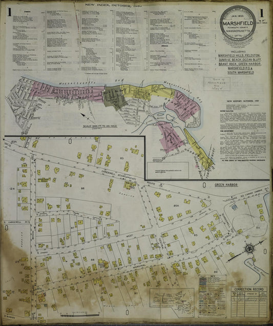 Sanborn Fire Insurance Map from Marshfield, Plymouth County, Massachusetts (1954), Sheet #0001 - Historic Sanborn Fire Insurance Map Print, vintage old map wall art, antique decor, genealogy gift, Massachusetts Massachusetts map