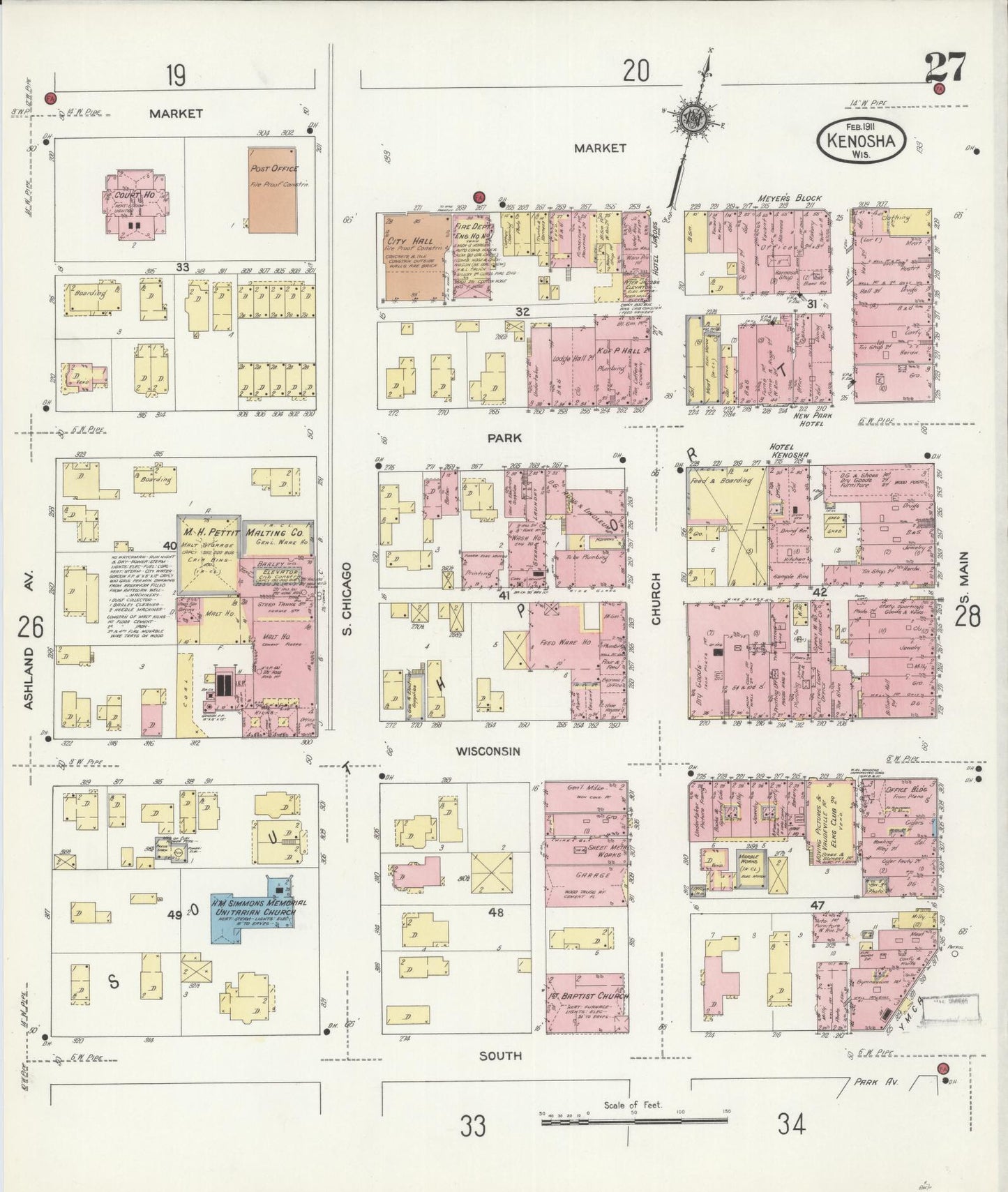 Sanborn Fire Insurance Map from Kenosha, Kenosha County, Wisconsin (1911), Sheet #0027 - Historic Sanborn Fire Insurance Map Print, vintage old map wall art, antique decor, genealogy gift, Wisconsin Wisconsin map