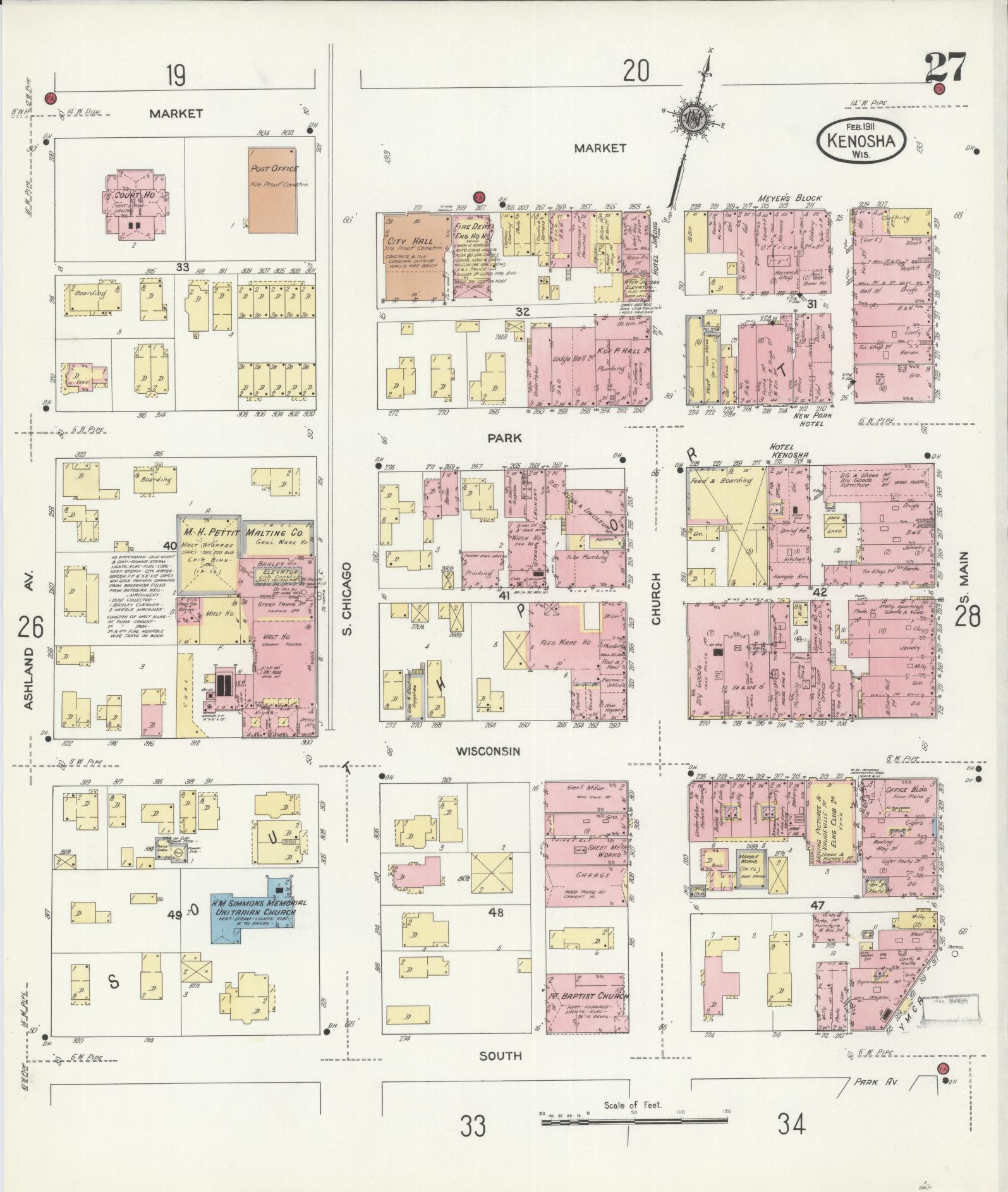 Sanborn Fire Insurance Map from Kenosha, Kenosha County, Wisconsin (1911), Sheet #0027 - Historic Sanborn Fire Insurance Map Print, vintage old map wall art, antique decor, genealogy gift, Wisconsin Wisconsin map