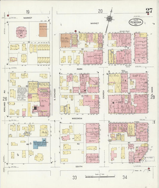 Sanborn Fire Insurance Map from Kenosha, Kenosha County, Wisconsin (1911), Sheet #0027 - Historic Sanborn Fire Insurance Map Print, vintage old map wall art, antique decor, genealogy gift, Wisconsin Wisconsin map