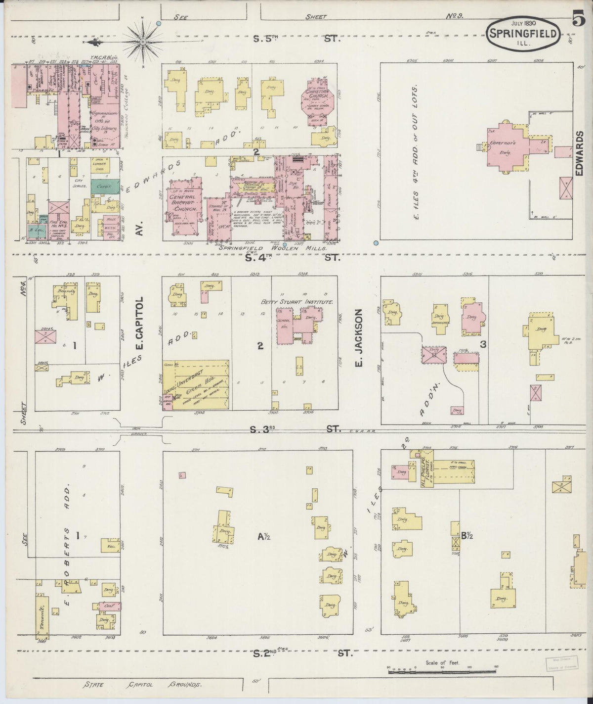Sanborn Fire Insurance Map from Springfield, Sangamon County, Illinois (1890), Sheet #0005 - Complete Map Set gallery image, historic Sanborn map, vintage wall art, Illinois Illinois