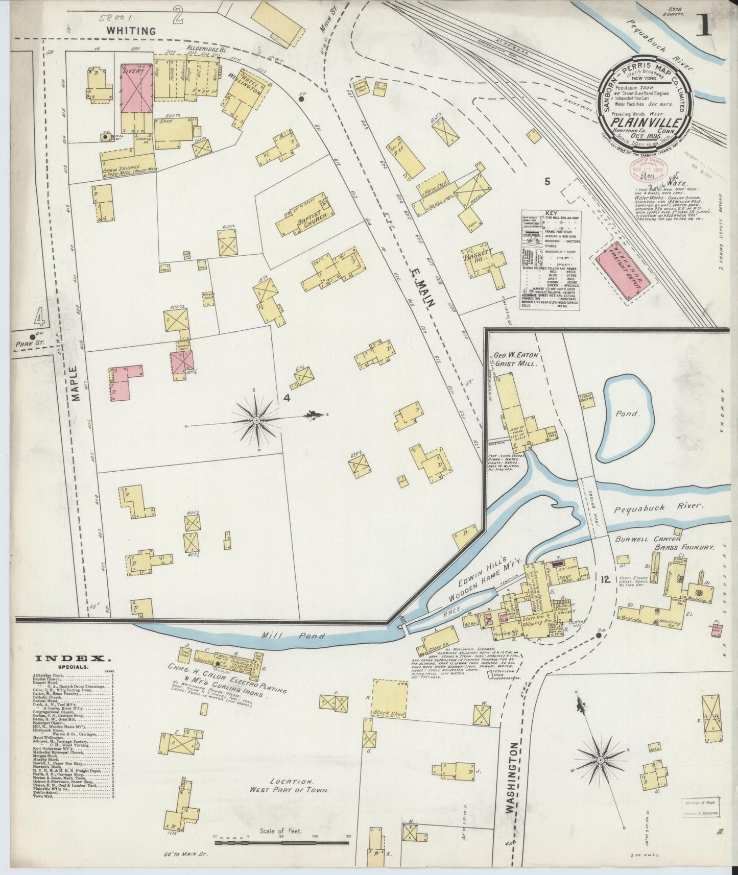 Sanborn Fire Insurance Map from Plainville, Hartford County, Connecticut (1895), Sheet #0001 - Historic Sanborn Fire Insurance Map Print, vintage old map wall art, antique decor, genealogy gift, Connecticut Connecticut map