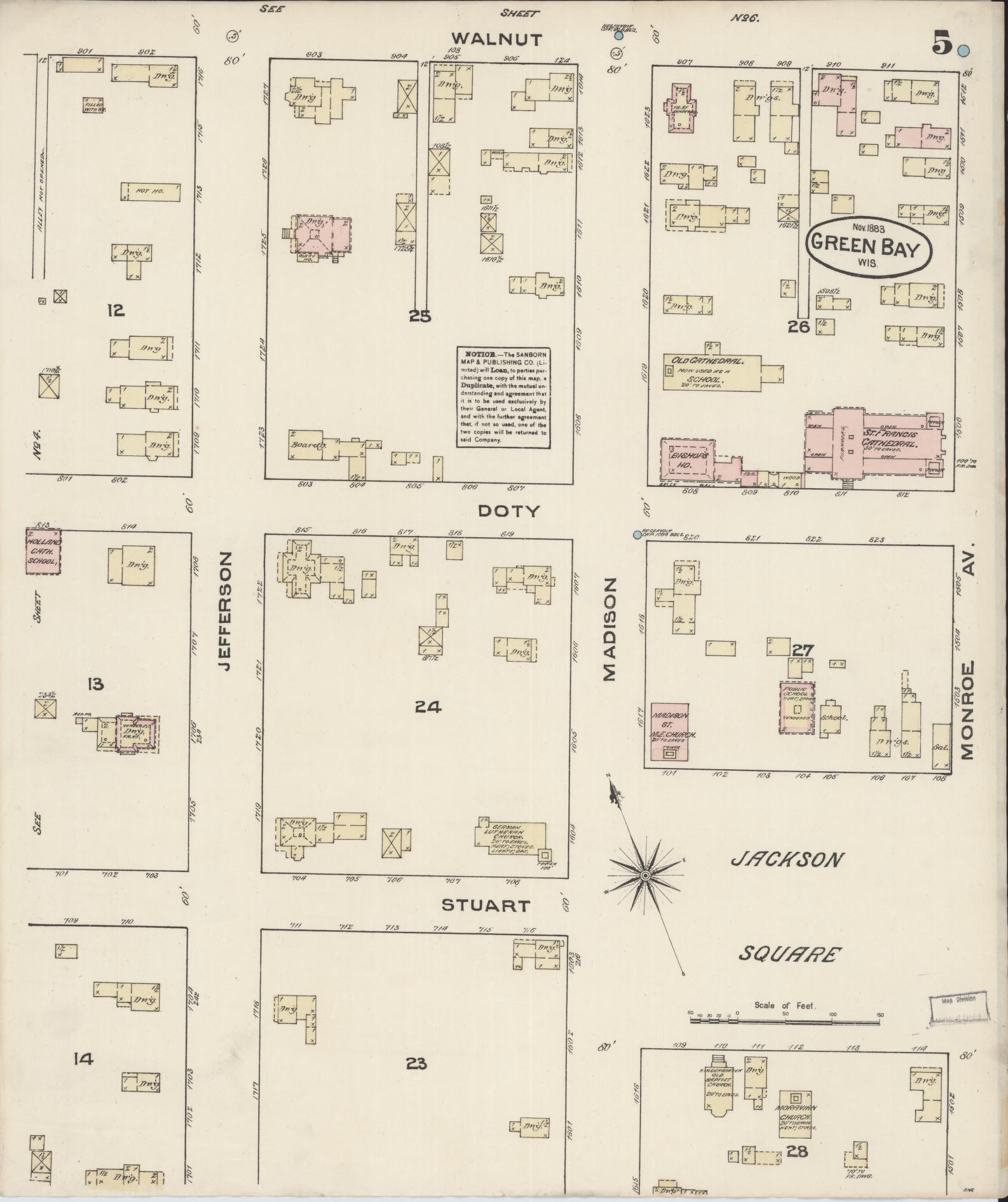 Sanborn Fire Insurance Map from Green Bay, Brown County, Wisconsin (1883), Sheet #0005 - Historic Sanborn Fire Insurance Map Print, vintage old map wall art, antique decor, genealogy gift, Wisconsin Wisconsin map