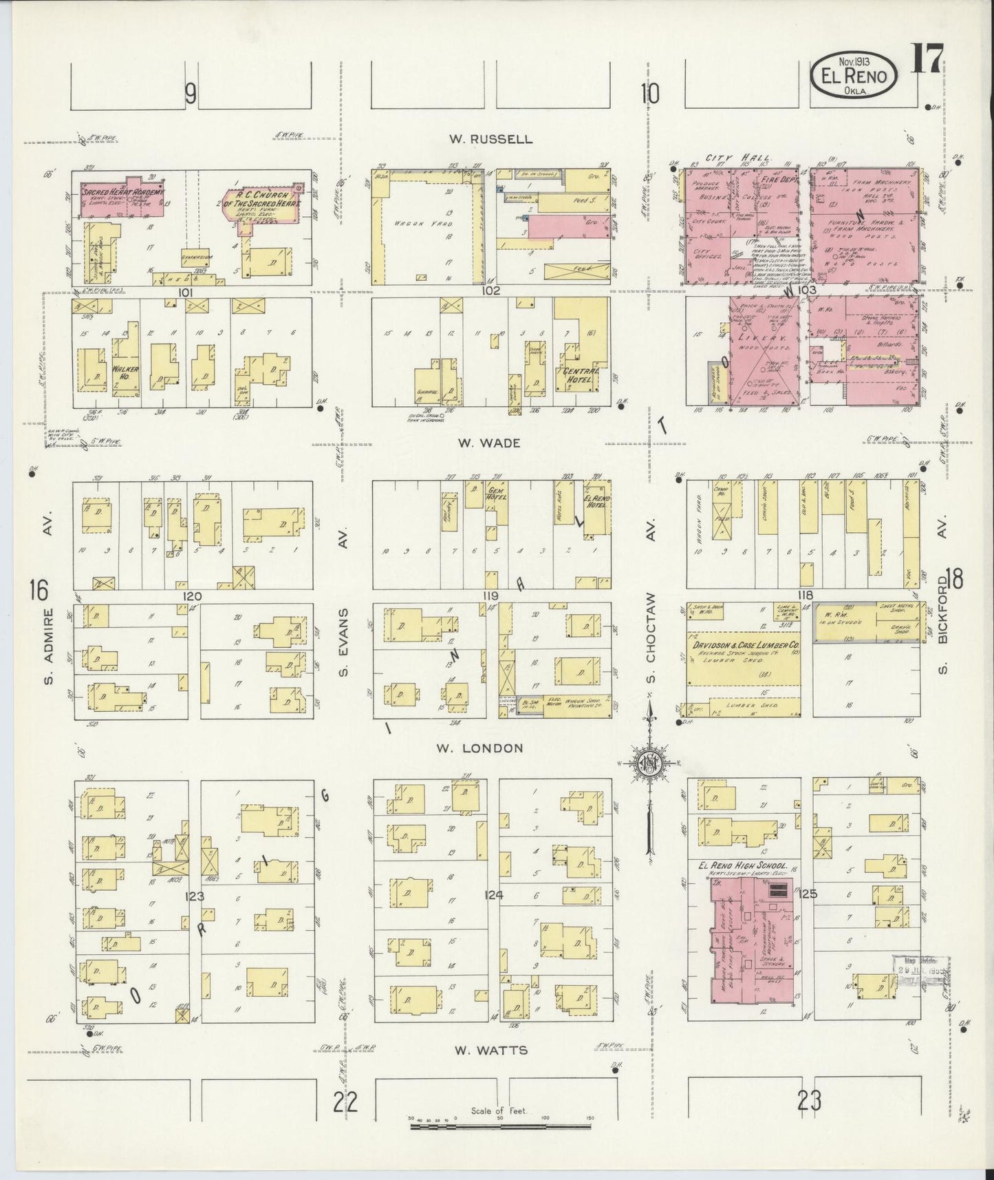Sanborn Fire Insurance Map from El Reno, Canadian County, Oklahoma (1913), Sheet #0017 - Historic Sanborn Fire Insurance Map Print, vintage old map wall art, antique decor, genealogy gift, Oklahoma Oklahoma map