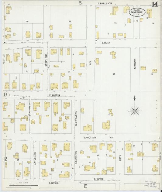 Sanborn Fire Insurance Map from Marshall, Harrison County, Texas (1899), Sheet #0014 - Historic Sanborn Fire Insurance Map Print, vintage old map wall art, antique decor, genealogy gift, Texas Texas map