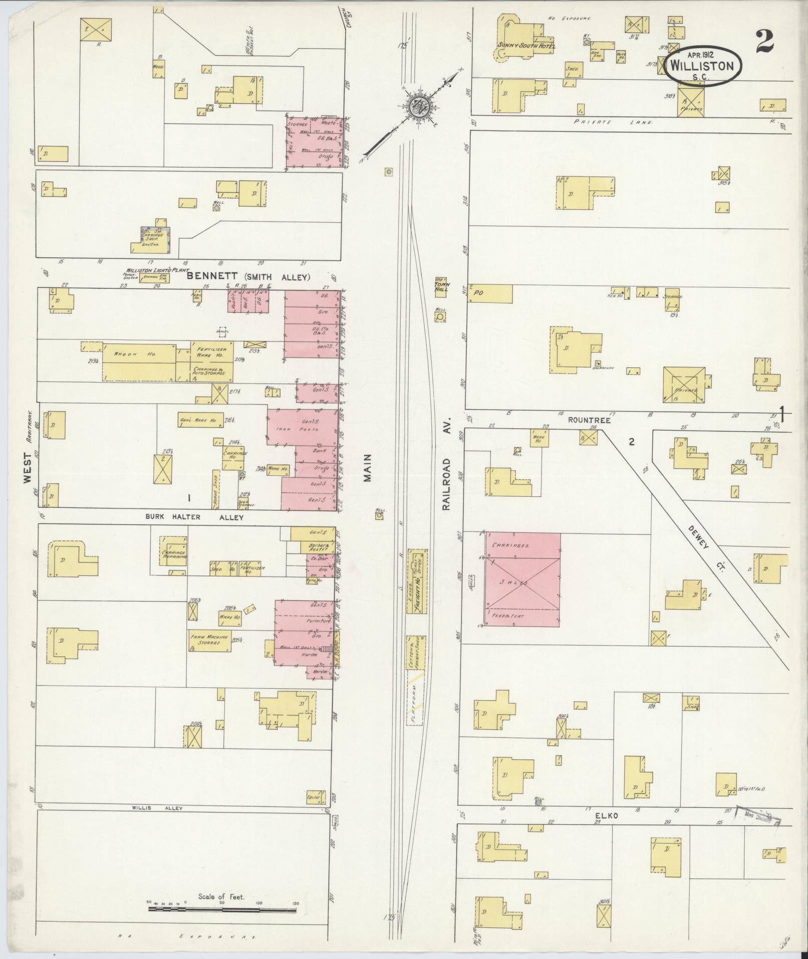 Sanborn Fire Insurance Map from Williston, Barnwell County, South Carolina (1912), Sheet #0002 - Historic Sanborn Fire Insurance Map Print, vintage old map wall art, antique decor, genealogy gift, South Carolina South Carolina map