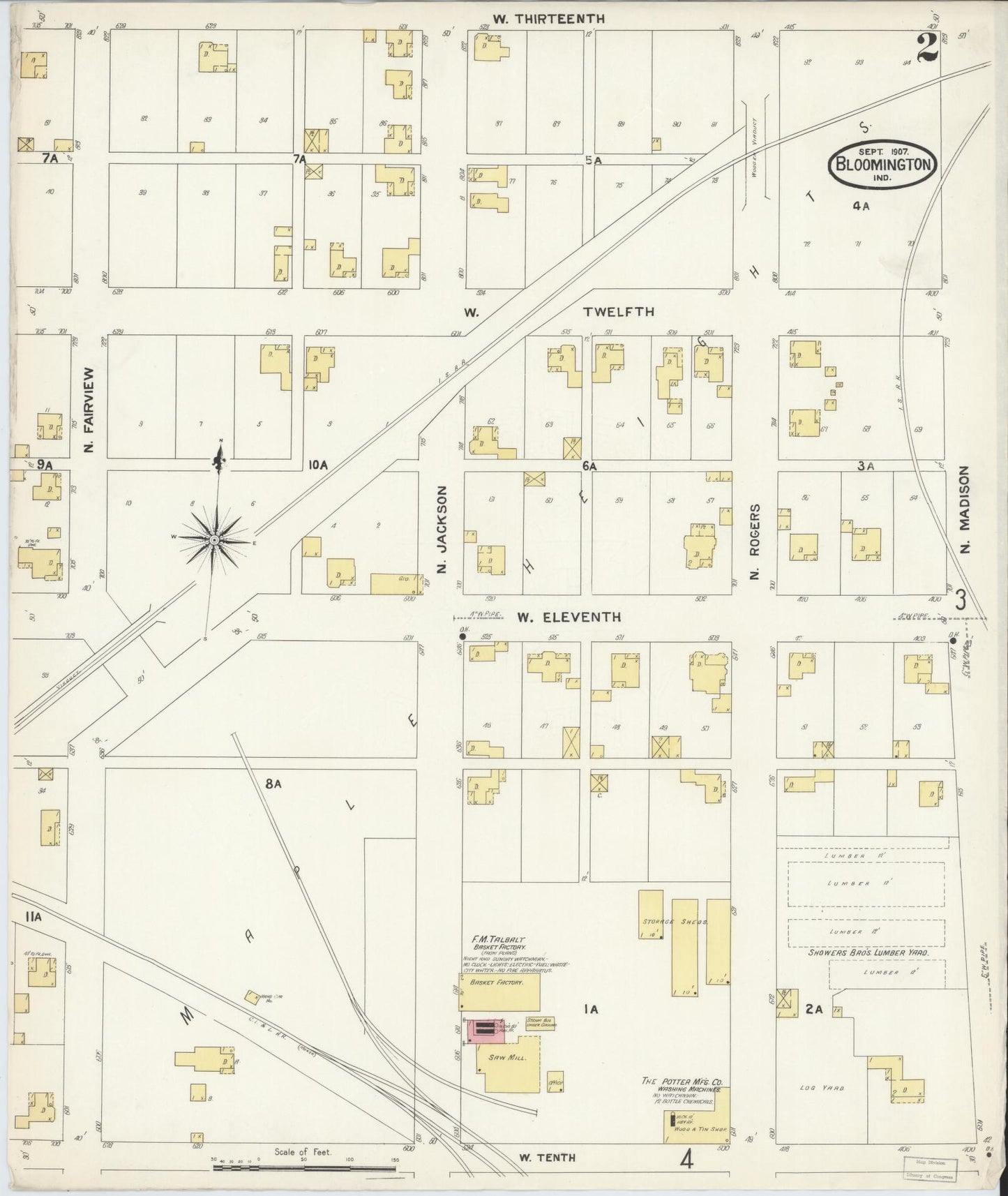 Sanborn Fire Insurance Map from Bloomington, Monroe County, Indiana (1907), Sheet #0002 - Historic Sanborn Fire Insurance Map Print, vintage old map wall art, antique decor, genealogy gift, Indiana Indiana map