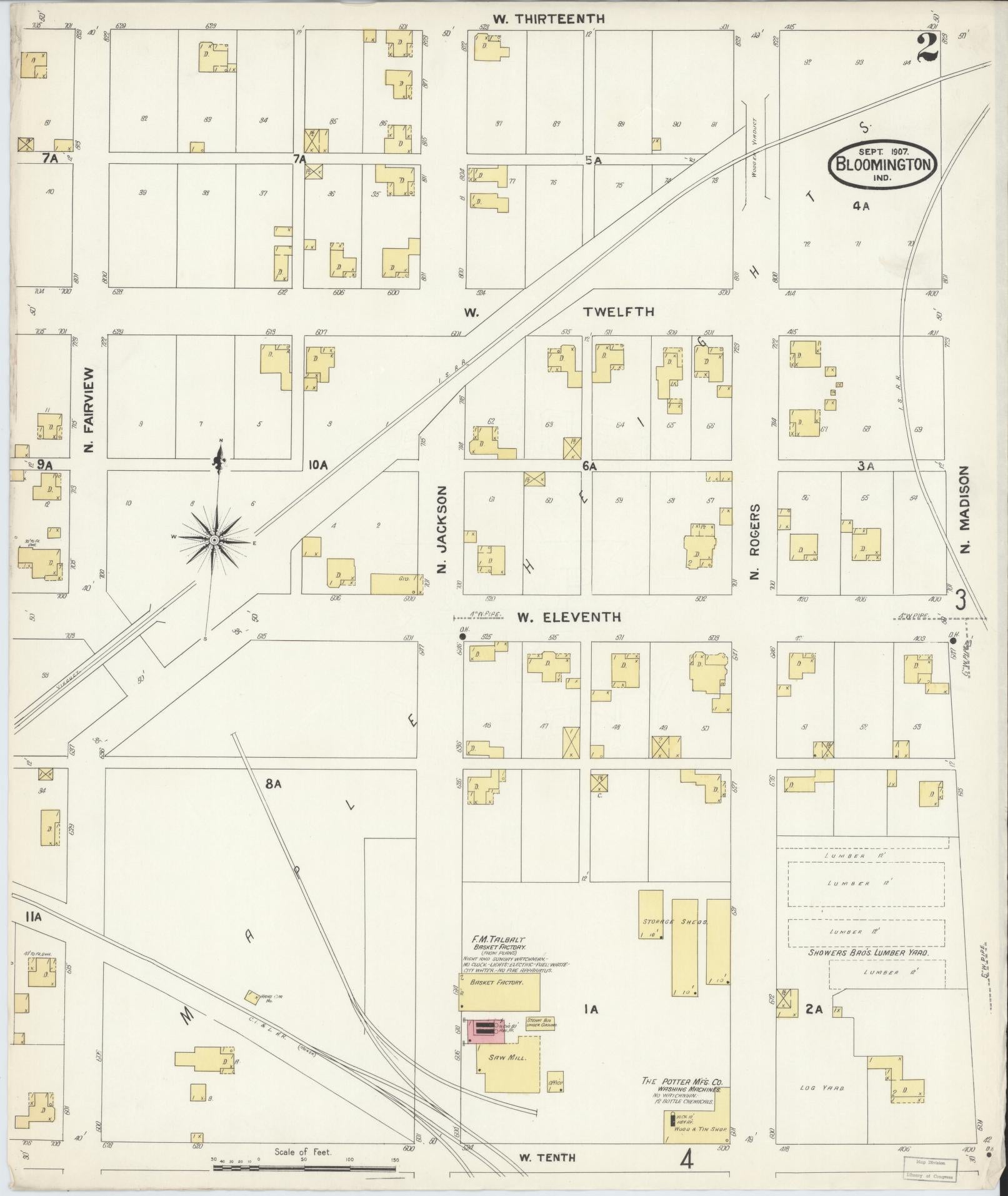 Sanborn Fire Insurance Map from Bloomington, Monroe County, Indiana (1907), Sheet #0002 - Historic Sanborn Fire Insurance Map Print, vintage old map wall art, antique decor, genealogy gift, Indiana Indiana map