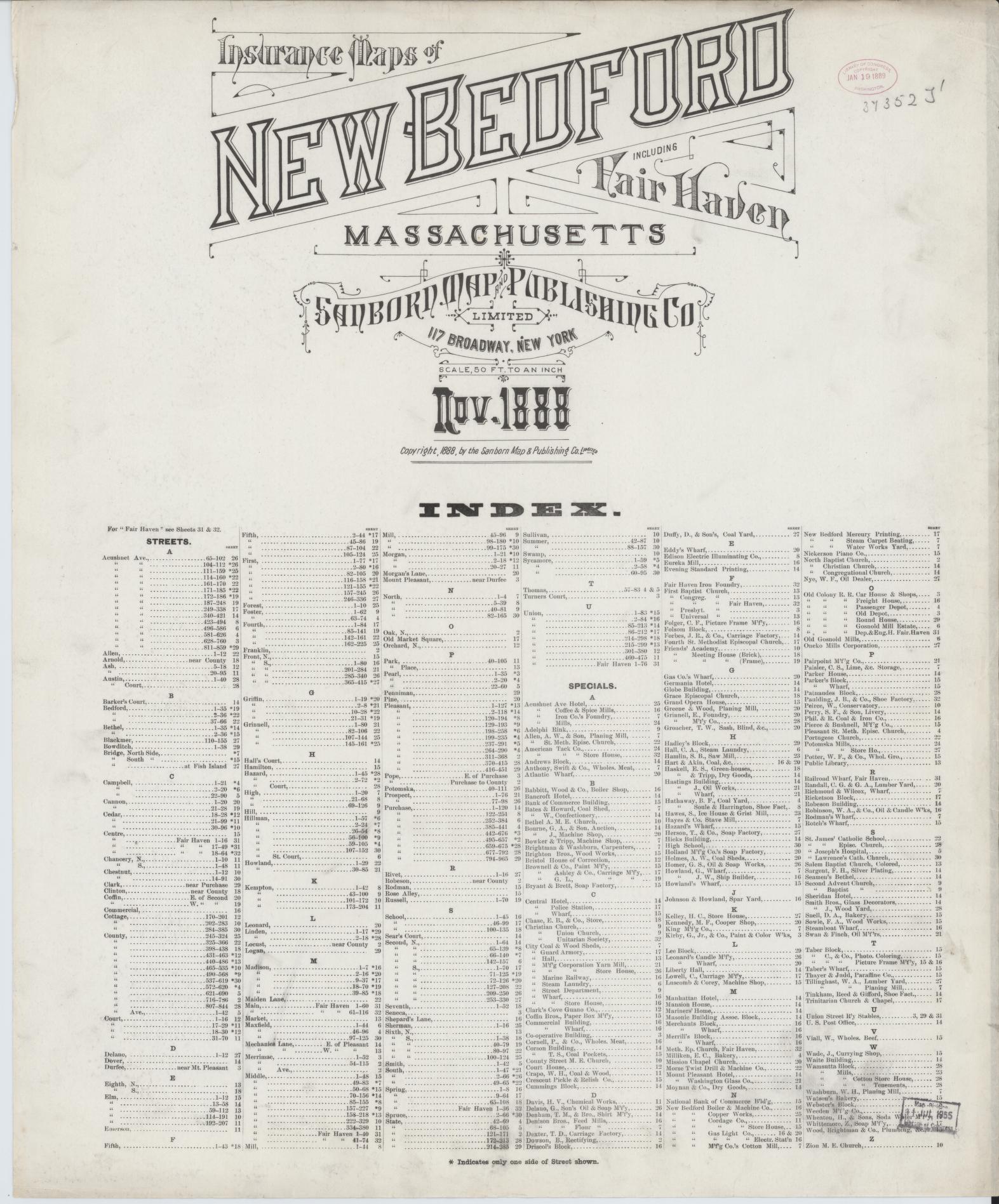 Sanborn Fire Insurance Map from New Bedford, Bristol County, Massachusetts (1888), Sheet #0001 - Historic Sanborn Fire Insurance Map Print, vintage old map wall art, antique decor, genealogy gift, Massachusetts Massachusetts map