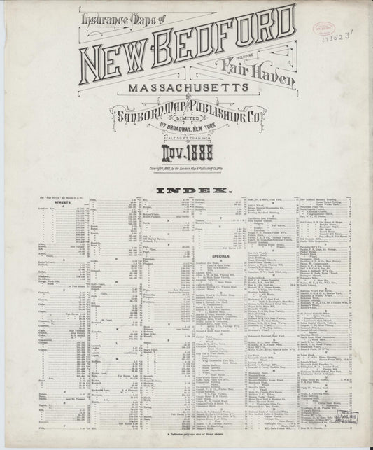 Sanborn Fire Insurance Map from New Bedford, Bristol County, Massachusetts (1888), Sheet #0001 - Historic Sanborn Fire Insurance Map Print, vintage old map wall art, antique decor, genealogy gift, Massachusetts Massachusetts map