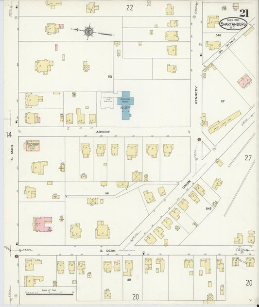 Sanborn Fire Insurance Map from Spartanburg, Spartanburg County, South Carolina (1912), Sheet #0021 - Historic Sanborn Fire Insurance Map Print, vintage old map wall art, antique decor, genealogy gift, South Carolina South Carolina map