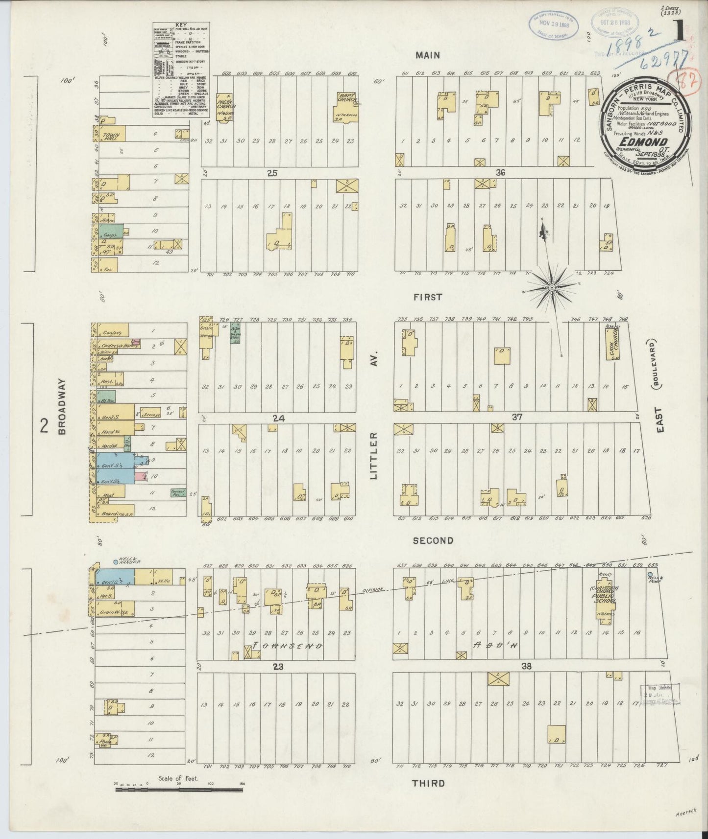 Sanborn Fire Insurance Map from Edmond, Oklahoma County, Oklahoma (1898), Sheet #0001 - Historic Sanborn Fire Insurance Map Print, vintage old map wall art, antique decor, genealogy gift, Edmond Oklahoma map