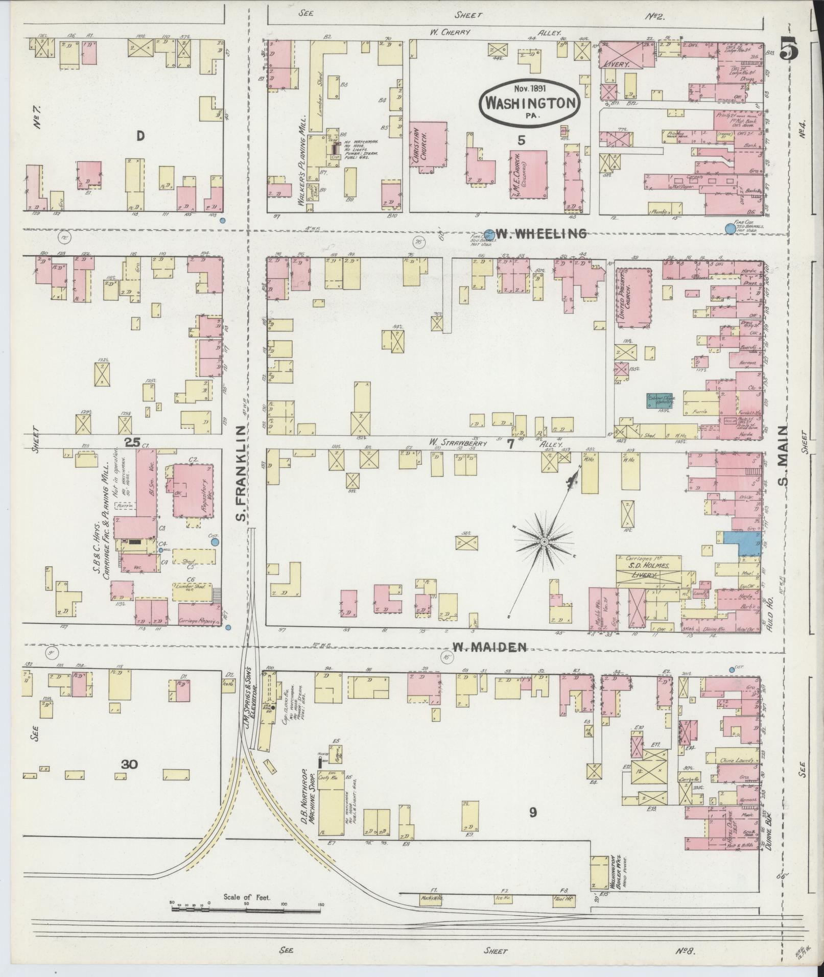 Sanborn Fire Insurance Map from Washington, Washington County, Pennsylvania (1891), Sheet #0005 - Historic Sanborn Fire Insurance Map Print, vintage old map wall art, antique decor, genealogy gift, Sanborn Fire Insurance Map from Washington Washington map