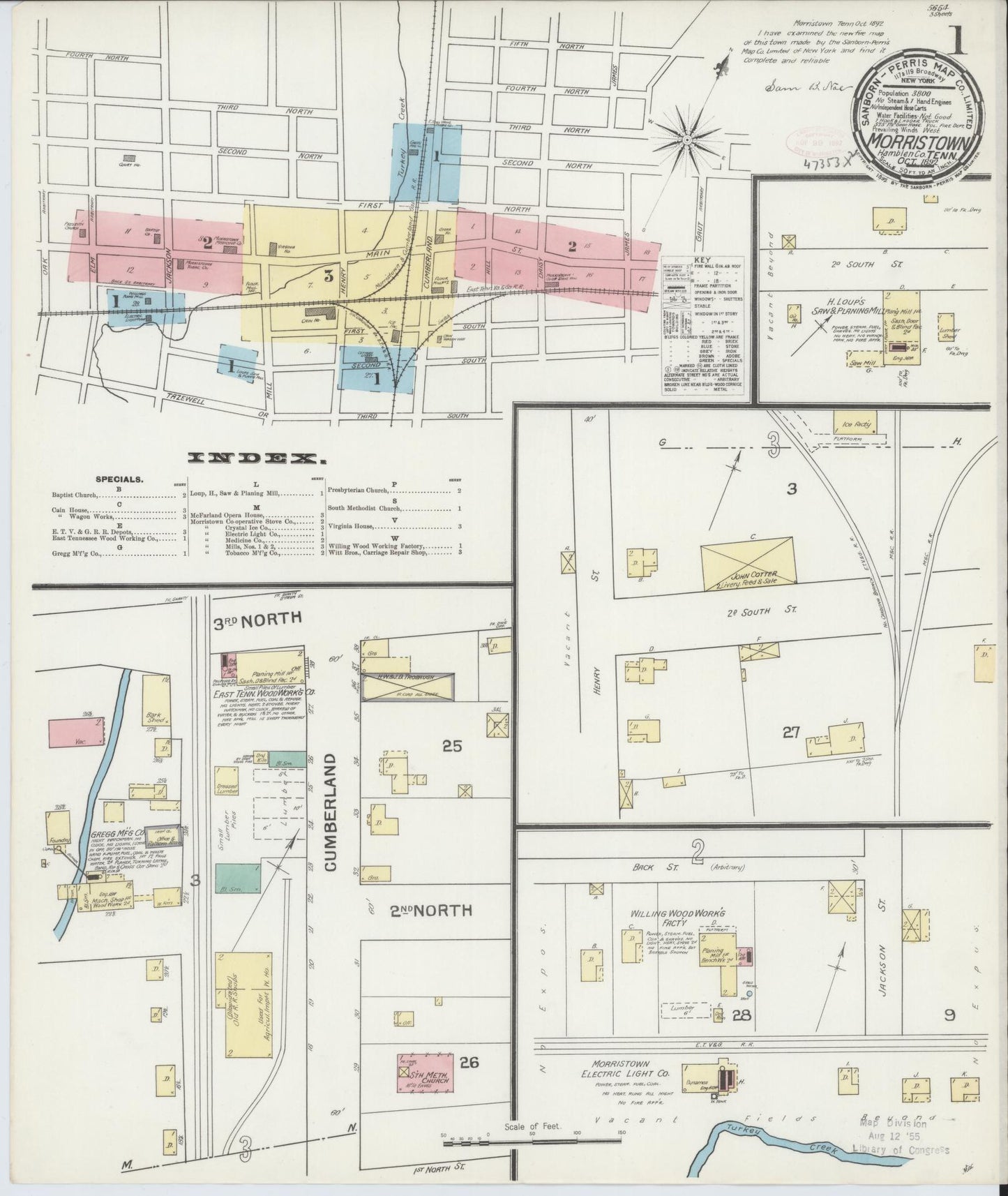 Sanborn Fire Insurance Map from Morristown, Hamblen County, Tennessee (1892), Sheet #0001 - Complete Map Set gallery image, historic Sanborn map, vintage wall art, Tennessee Tennessee