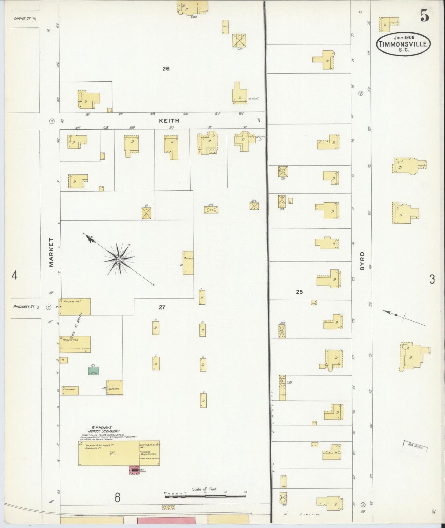Sanborn Fire Insurance Map from Timmonsville, Florence County, South Carolina (1908), Sheet #0005 - Historic Sanborn Fire Insurance Map Print, vintage old map wall art, antique decor, genealogy gift, South Carolina South Carolina map