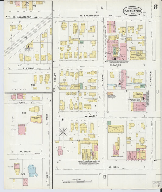 Sanborn Fire Insurance Map from Kalamazoo, Kalamazoo County, Michigan (1896), Sheet #0008 - Historic Sanborn Fire Insurance Map Print, vintage old map wall art, antique decor, genealogy gift, Michigan Michigan map