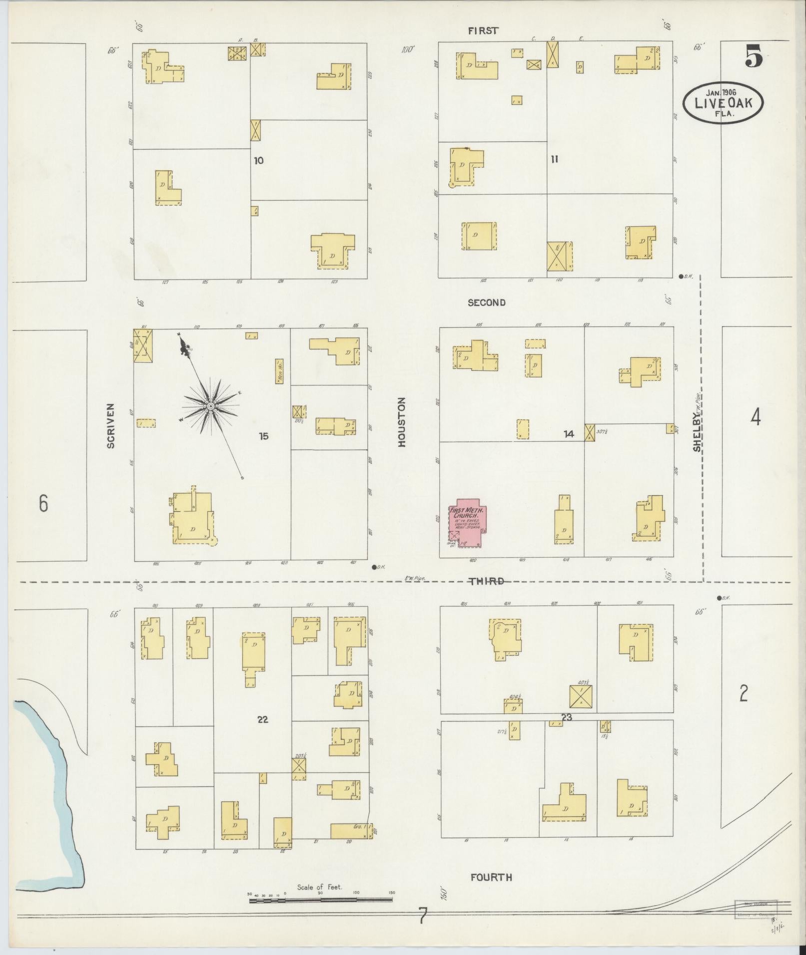 Sanborn Fire Insurance Map from Live Oak, Suwanee County, Florida (1906), Sheet #0005 - Historic Sanborn Fire Insurance Map Print, vintage old map wall art, antique decor, genealogy gift, Florida Florida map