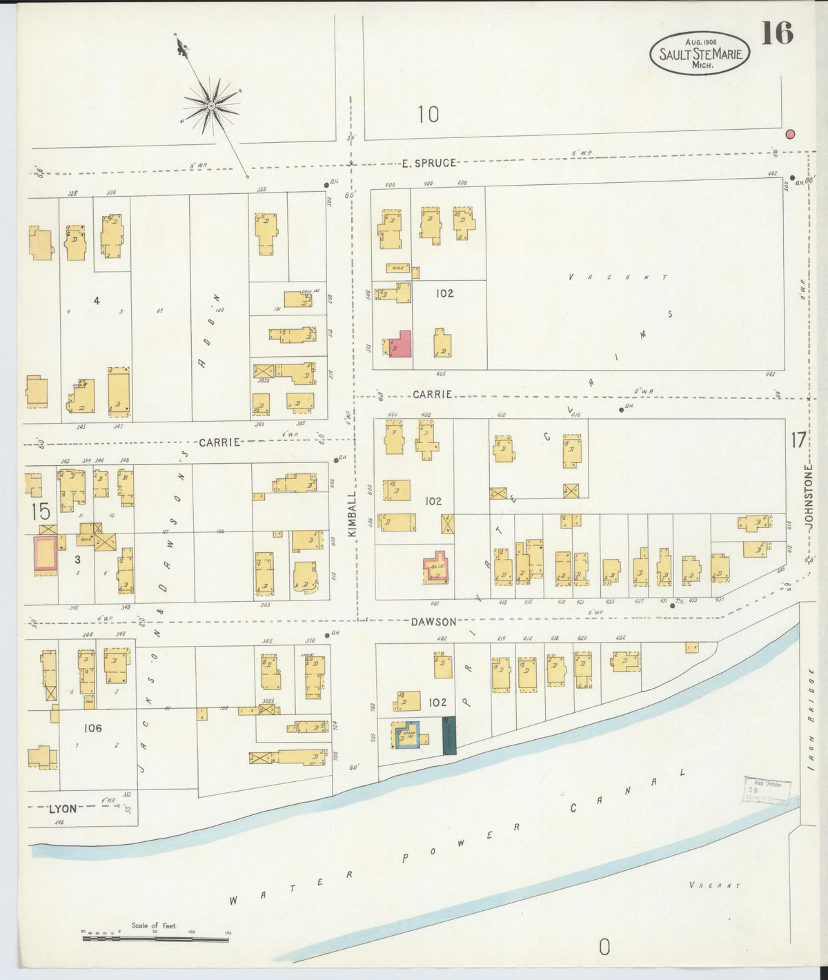 Sanborn Fire Insurance Map from Sault Sainte Marie, Chippewa County, Michigan (1906), Sheet #0016 - Historic Sanborn Fire Insurance Map Print, vintage old map wall art, antique decor, genealogy gift, Michigan Michigan map