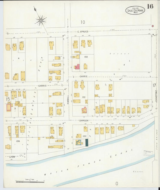 Sanborn Fire Insurance Map from Sault Sainte Marie, Chippewa County, Michigan (1906), Sheet #0016 - Historic Sanborn Fire Insurance Map Print, vintage old map wall art, antique decor, genealogy gift, Michigan Michigan map