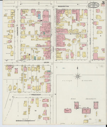 Sanborn Fire Insurance Map from Athens, Athens County, Ohio (1895), Sheet #0003 - Historic Sanborn Fire Insurance Map Print, vintage old map wall art, antique decor, genealogy gift, Ohio Ohio map