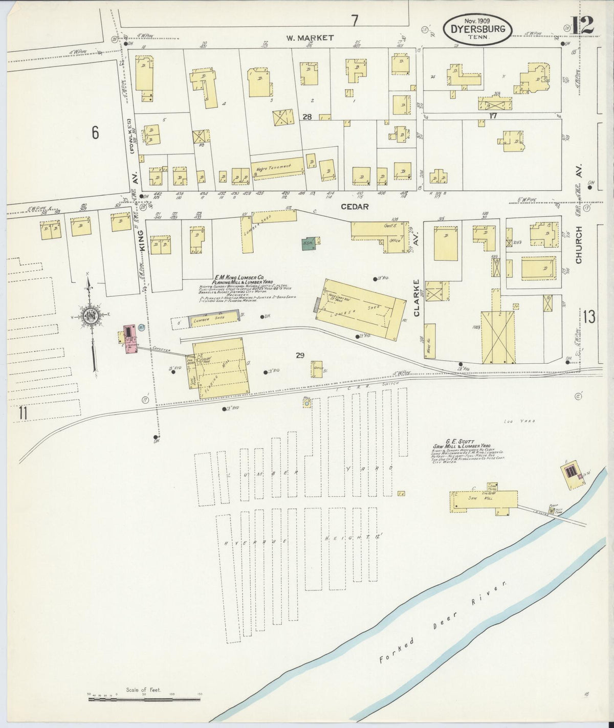 Sanborn Fire Insurance Map from Dyersburg, Dyer County, Tennessee (1909), Sheet #0012 - Historic Sanborn Fire Insurance Map Print, vintage old map wall art, antique decor, genealogy gift, Tennessee Tennessee map