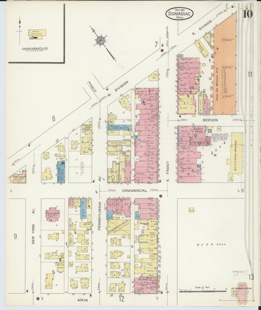 Sanborn Fire Insurance Map from Dowagiac, Cass County, Michigan (1913), Sheet #0010 - Historic Sanborn Fire Insurance Map Print, vintage old map wall art, antique decor, genealogy gift, Michigan Michigan map