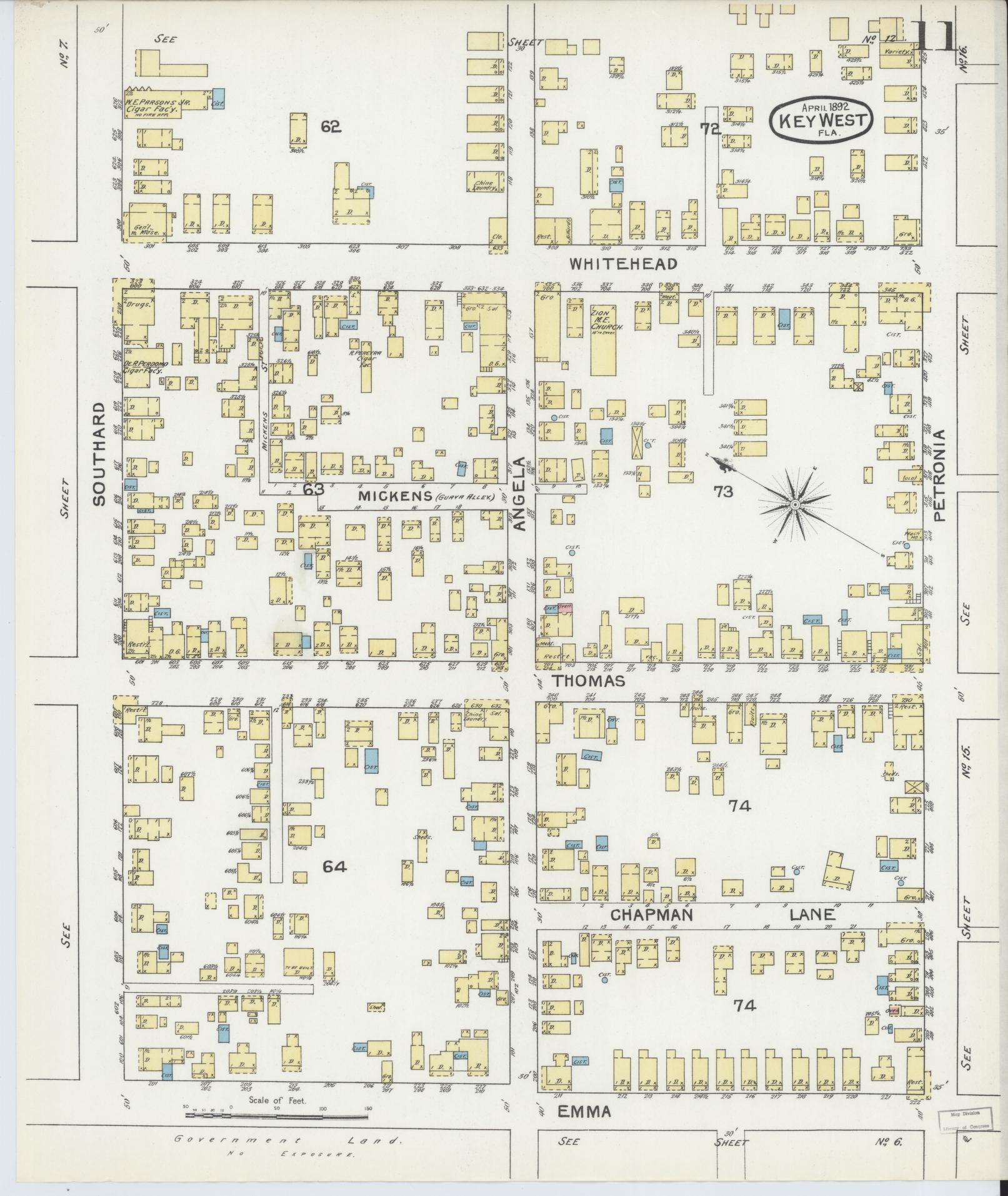 Sanborn Fire Insurance Map from Key West, Monroe County, Florida (1892), Sheet #0011 - Historic Sanborn Fire Insurance Map Print, vintage old map wall art, antique decor, genealogy gift, Florida Florida map
