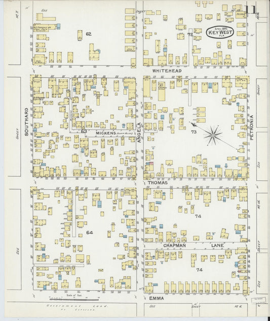 Sanborn Fire Insurance Map from Key West, Monroe County, Florida (1892), Sheet #0011 - Historic Sanborn Fire Insurance Map Print, vintage old map wall art, antique decor, genealogy gift, Florida Florida map
