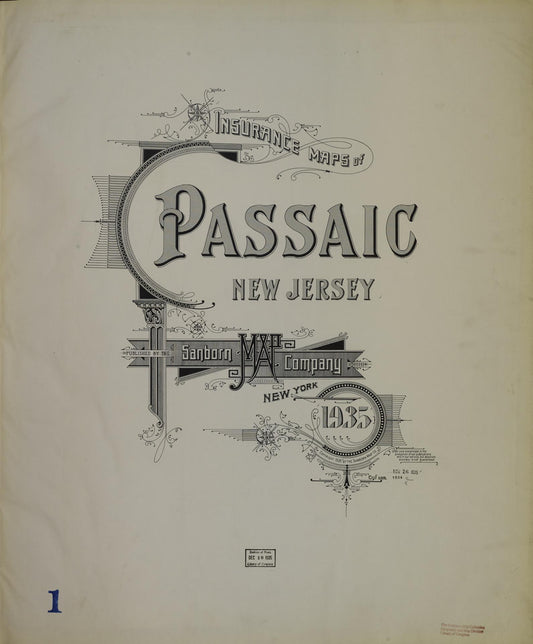 Sanborn Fire Insurance Map from Passaic, Passaic County, New Jersey (1935), Sheet #0001 - Historic Sanborn Fire Insurance Map Print, vintage old map wall art, antique decor, genealogy gift, New Jersey New Jersey map