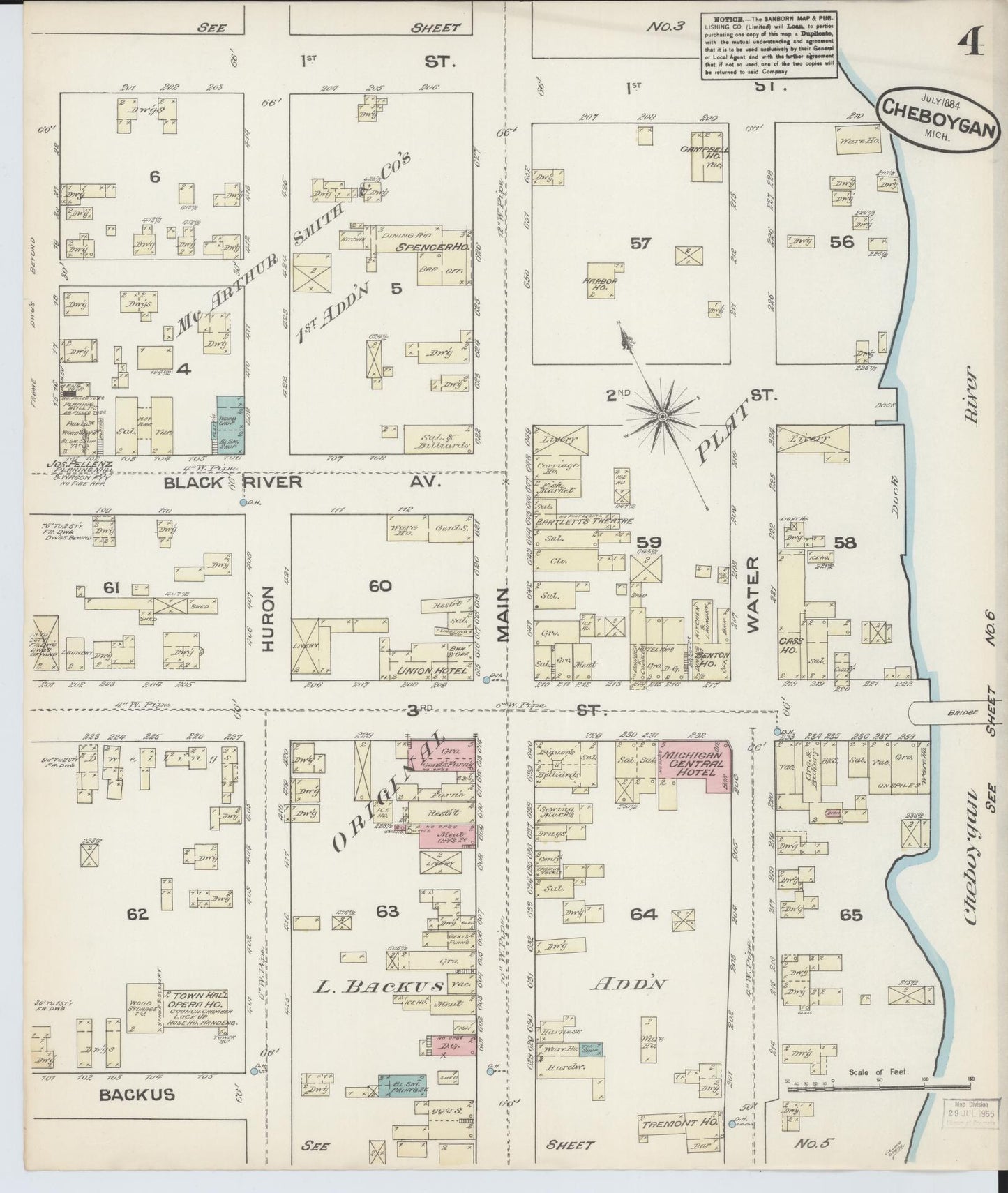 Sanborn Fire Insurance Map from Cheboygan, Cheboygan County, Michigan (1884), Sheet #0004 - Historic Sanborn Fire Insurance Map Print, vintage old map wall art, antique decor, genealogy gift, Michigan Michigan map