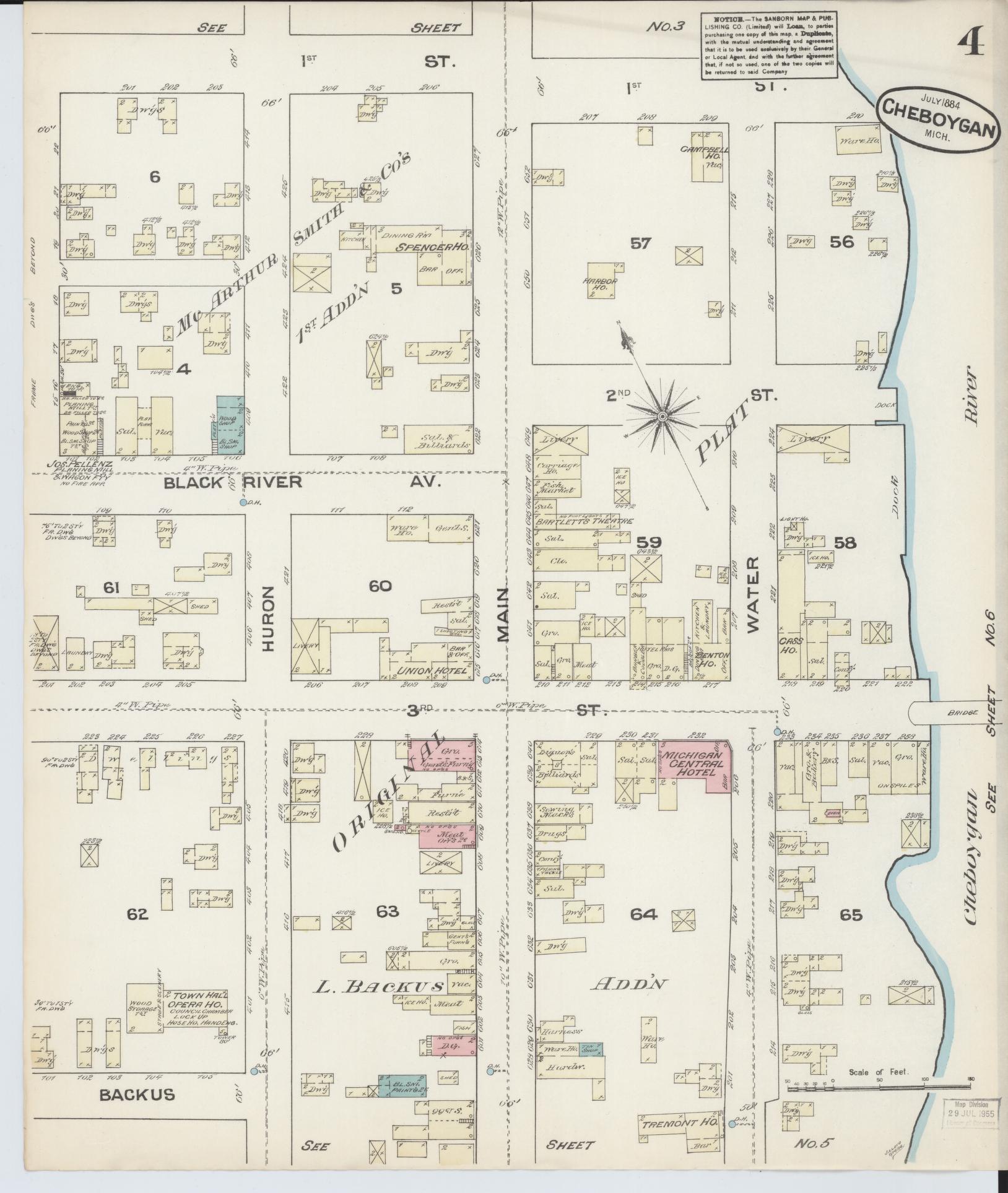 Sanborn Fire Insurance Map from Cheboygan, Cheboygan County, Michigan (1884), Sheet #0004 - Historic Sanborn Fire Insurance Map Print, vintage old map wall art, antique decor, genealogy gift, Michigan Michigan map